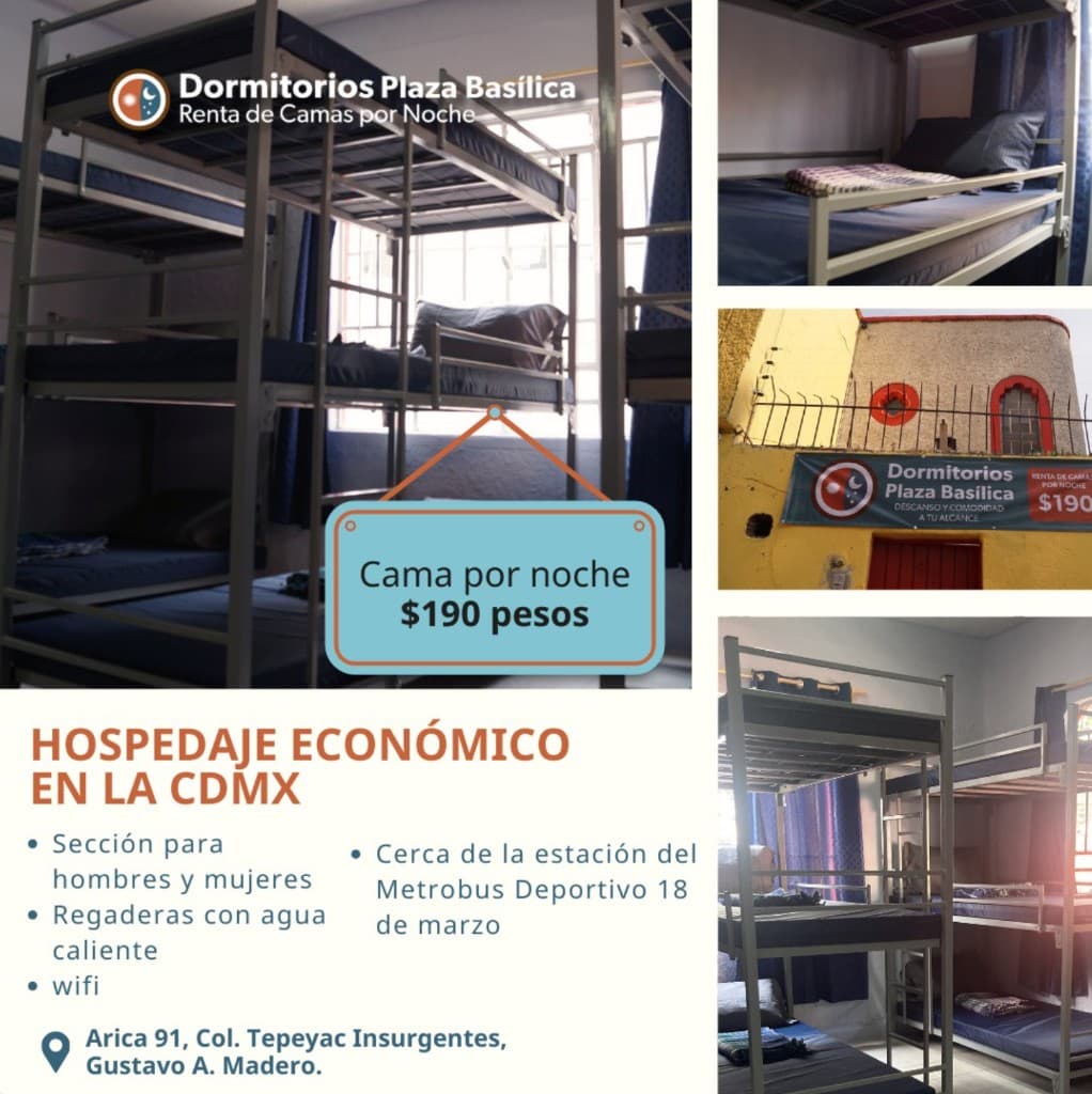 Collage: camas, fachada y promoción Dormitorios Plaza Basílica